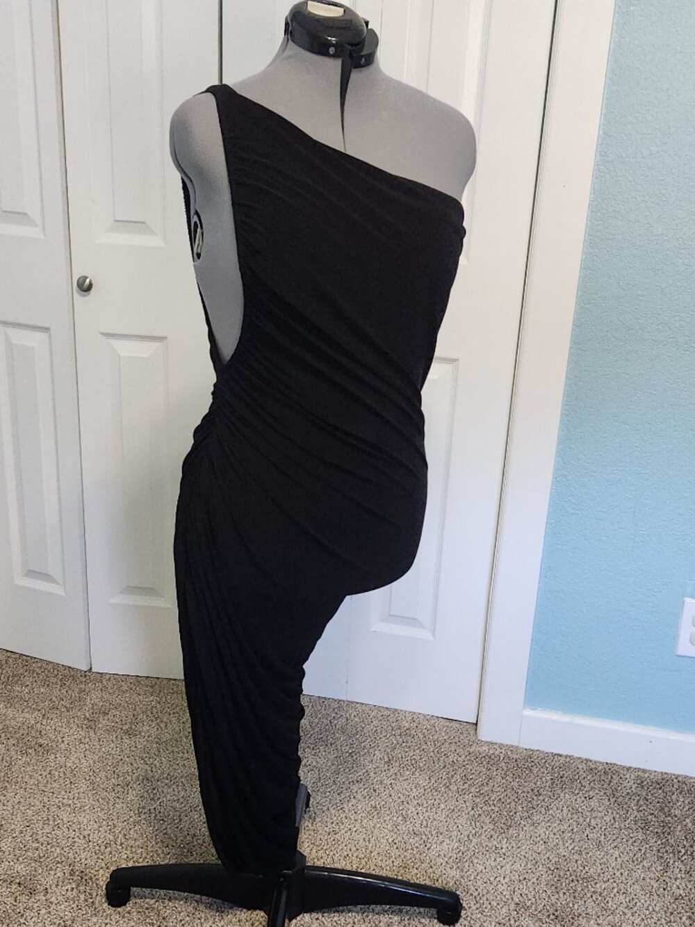 Norma Kamali Diana Dress Black XL One Shoulder Ruched Asymmetrical